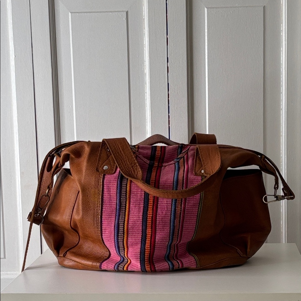 Nena & Co. Brown Leather Travel Bag with Pink Multicolor Stripe Panel